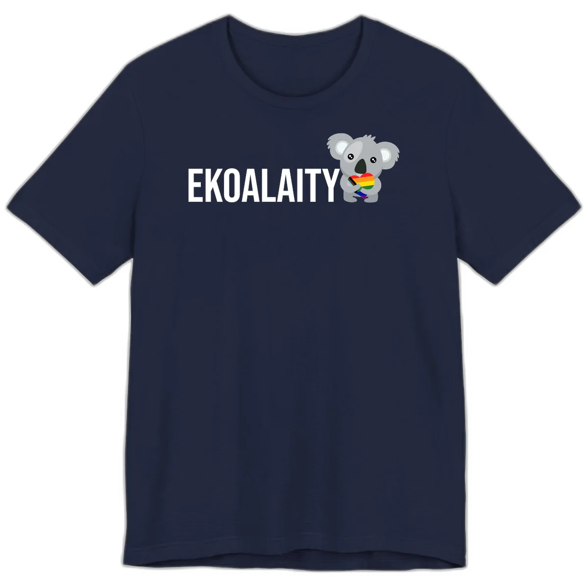 Gray koala holding a rainbow pride flag with 'EKOALITY' text, celebrating LGBTQ+ equality and inclusion in Navy