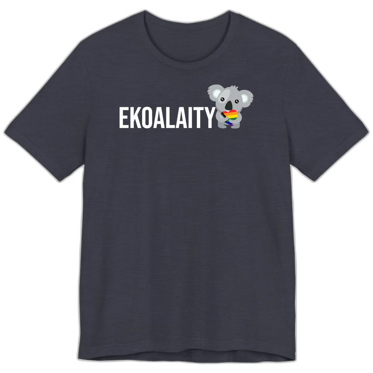 Gray koala holding a rainbow pride flag with 'EKOALITY' text, celebrating LGBTQ+ equality and inclusion in Heather Midnight Navy