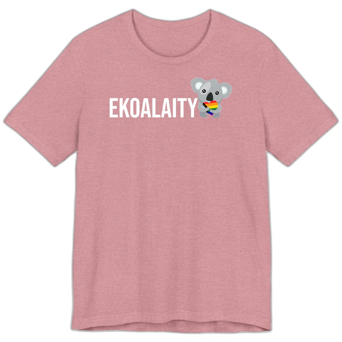 Gray koala holding a rainbow pride flag with 'EKOALITY' text, celebrating LGBTQ+ equality and inclusion in Heather Orchid