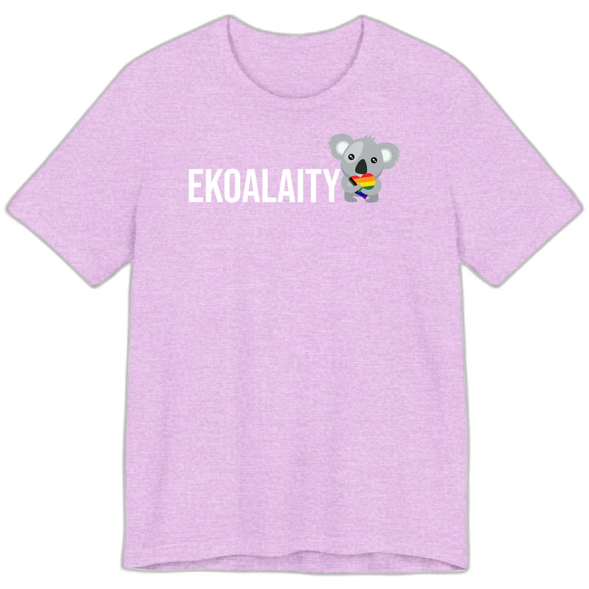 Gray koala holding a rainbow pride flag with 'EKOALITY' text, celebrating LGBTQ+ equality and inclusion in Heather Prism Lilac