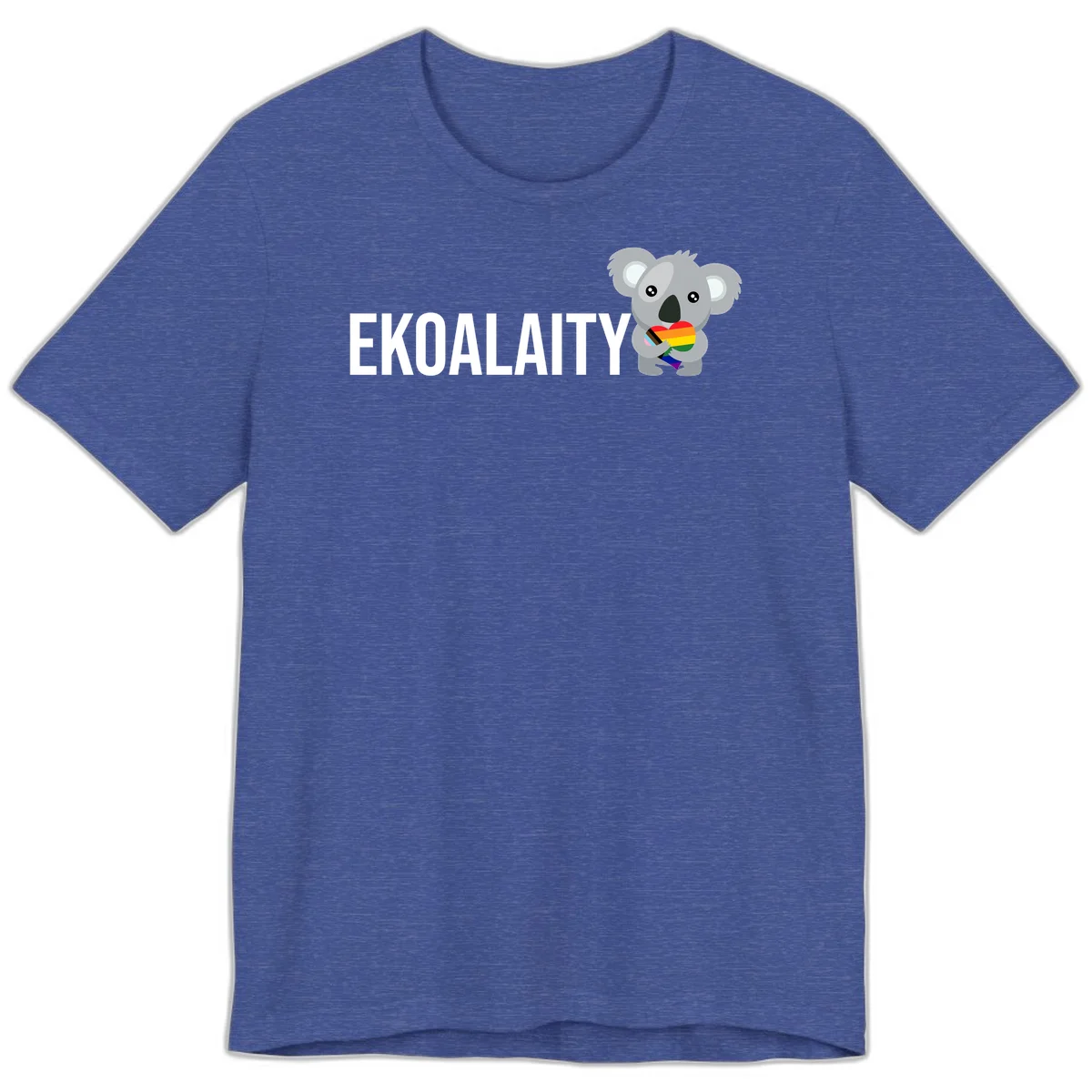Gray koala holding a rainbow pride flag with 'EKOALITY' text, celebrating LGBTQ+ equality and inclusion in Heather True Royal