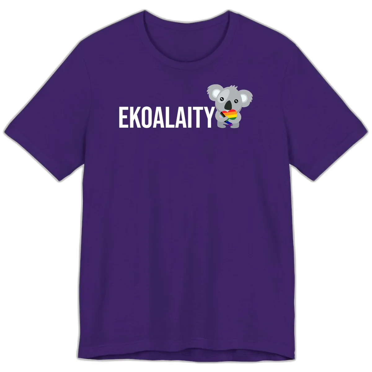 Gray koala holding a rainbow pride flag with 'EKOALITY' text, celebrating LGBTQ+ equality and inclusion in Team Purple