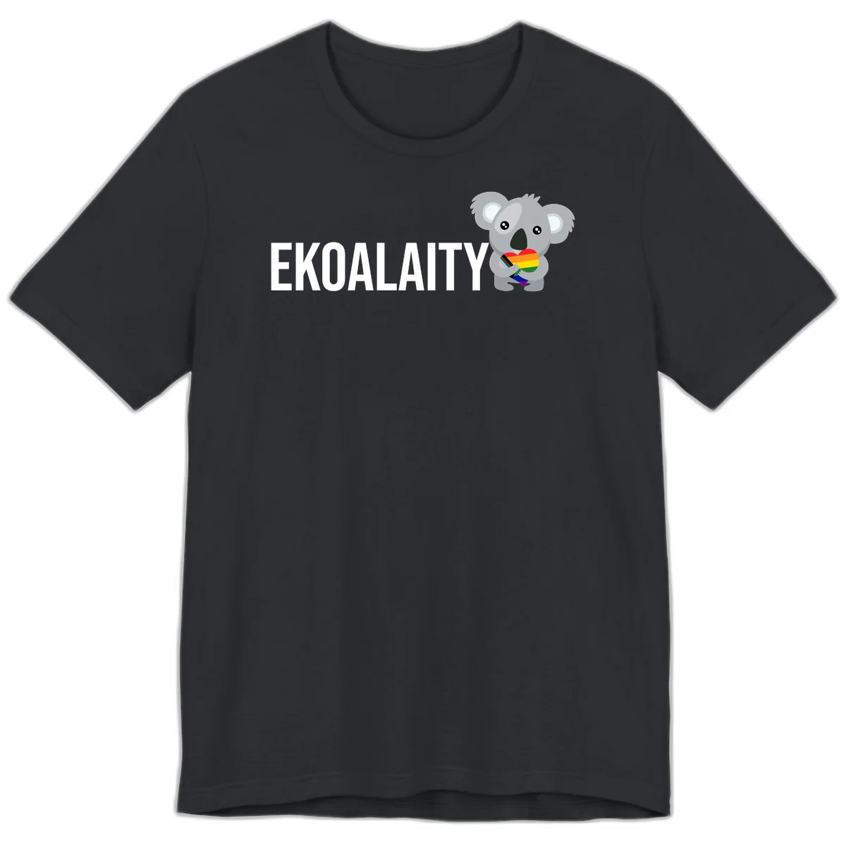 Gray koala holding a rainbow pride flag with 'EKOALITY' text, celebrating LGBTQ+ equality and inclusion in Vintage Black