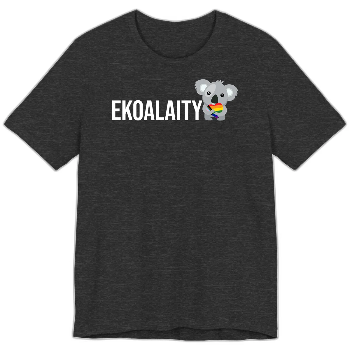Gray koala holding a rainbow pride flag with 'EKOALITY' text, celebrating LGBTQ+ equality and inclusion in Dark Grey Heather