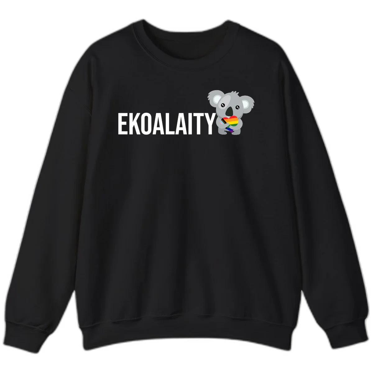 Gray koala holding a rainbow pride flag with 'EKOALITY' text, celebrating LGBTQ+ equality and inclusion in Black
