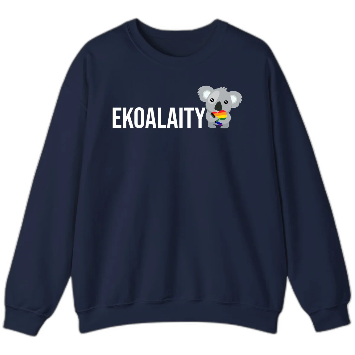 Gray koala holding a rainbow pride flag with 'EKOALITY' text, celebrating LGBTQ+ equality and inclusion in Navy