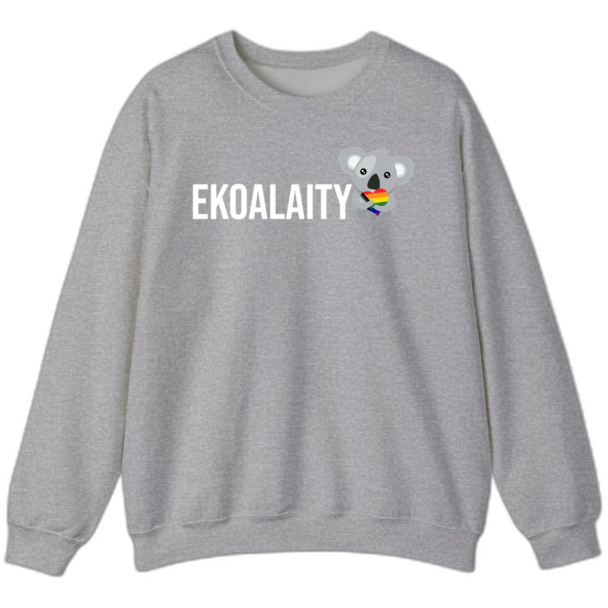 Gray koala holding a rainbow pride flag with 'EKOALITY' text, celebrating LGBTQ+ equality and inclusion in Sport Grey