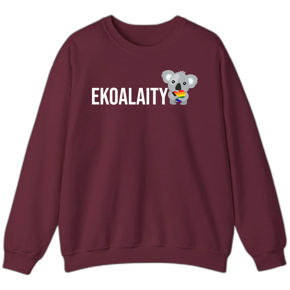 Gray koala holding a rainbow pride flag with 'EKOALITY' text, celebrating LGBTQ+ equality and inclusion in Maroon