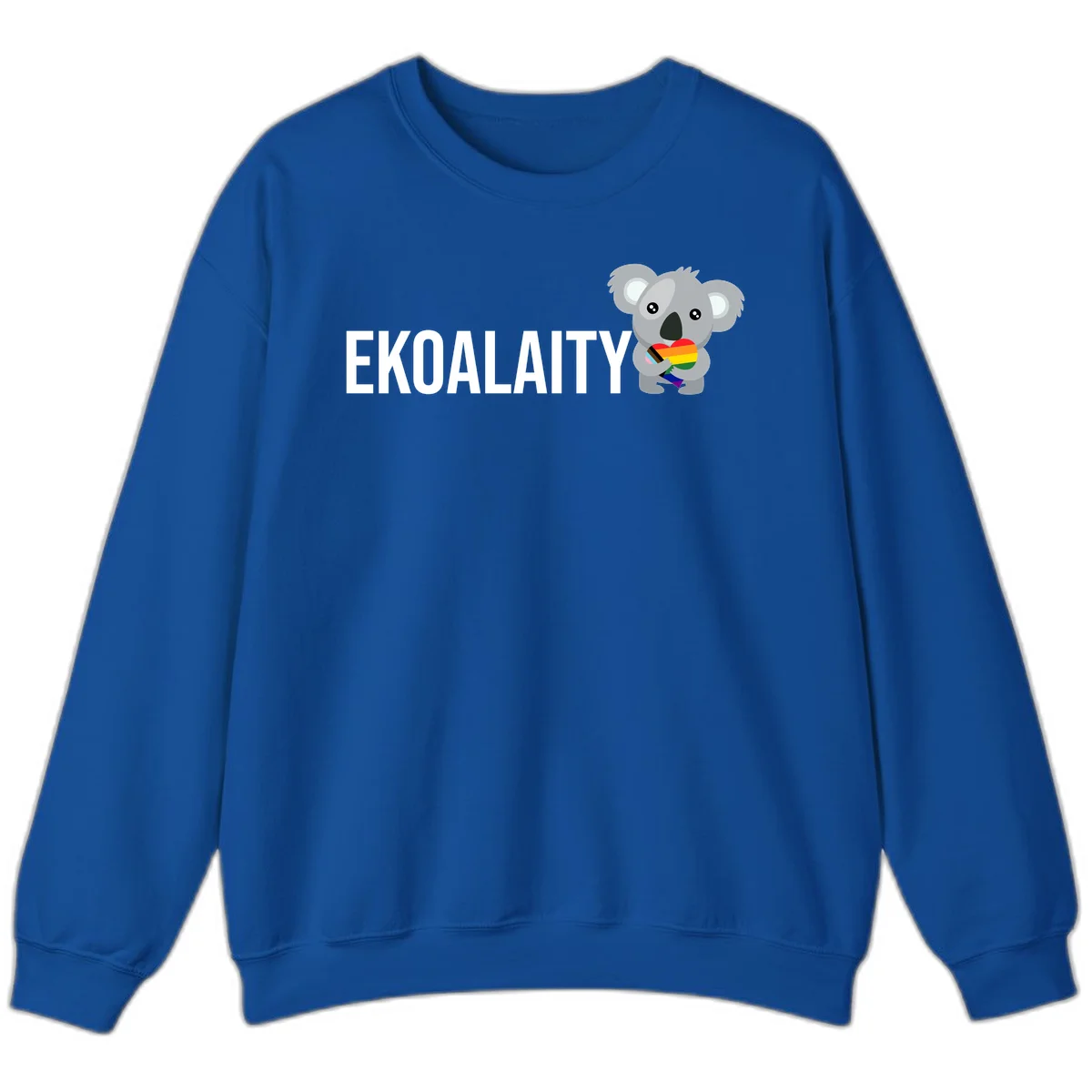 Gray koala holding a rainbow pride flag with 'EKOALITY' text, celebrating LGBTQ+ equality and inclusion in Royal
