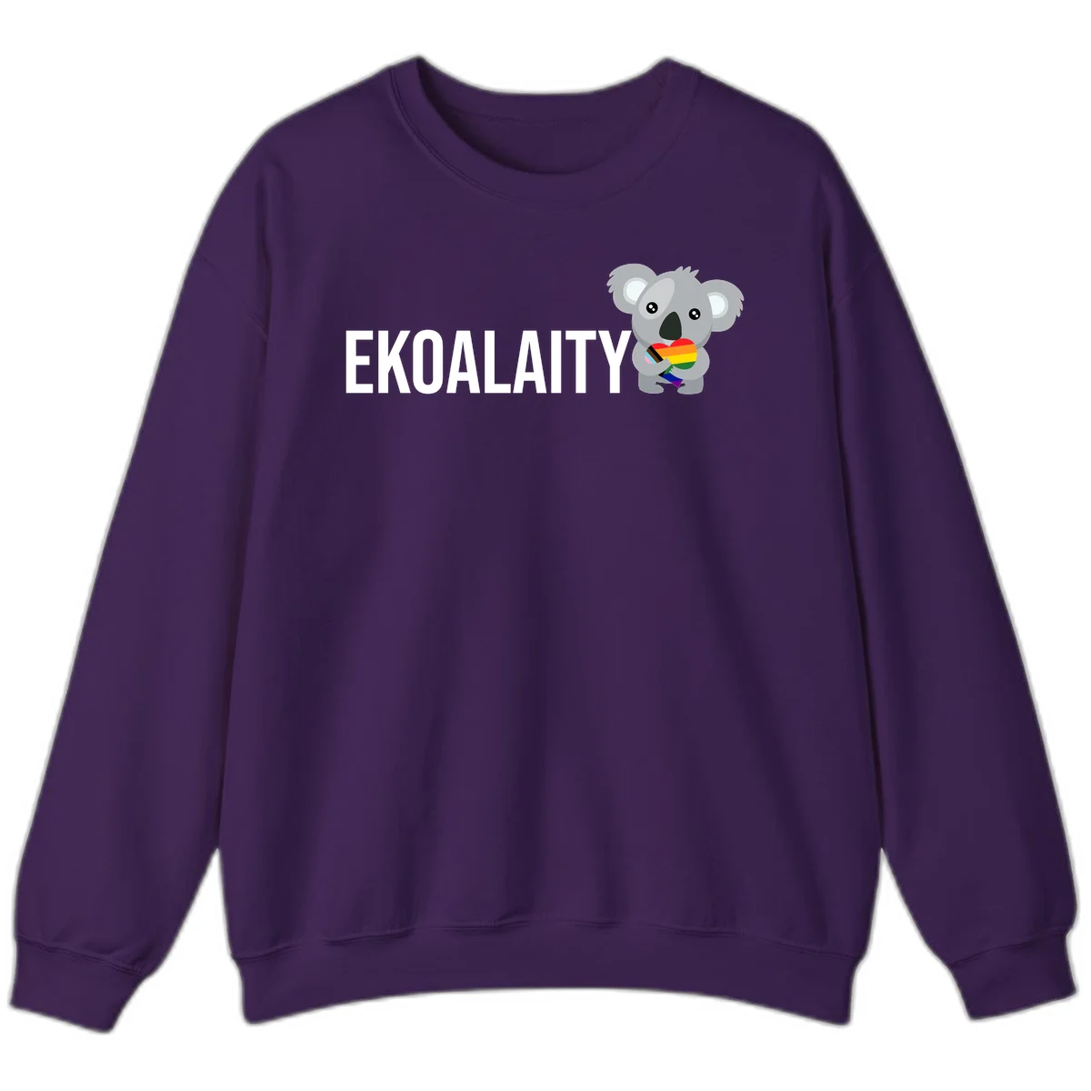 Gray koala holding a rainbow pride flag with 'EKOALITY' text, celebrating LGBTQ+ equality and inclusion in Purple