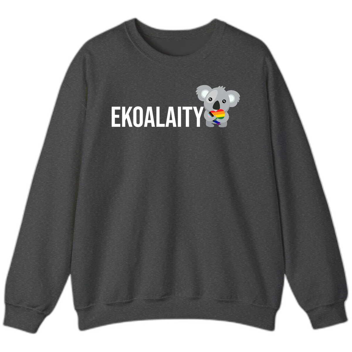 Gray koala holding a rainbow pride flag with 'EKOALITY' text, celebrating LGBTQ+ equality and inclusion in Dark Heather
