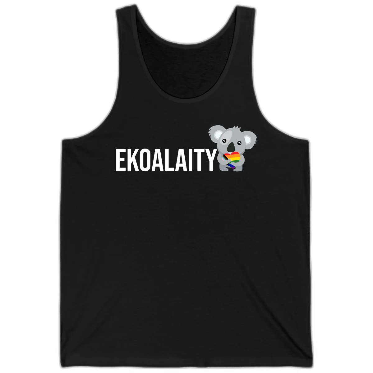 Gray koala holding a rainbow pride flag with 'EKOALITY' text, celebrating LGBTQ+ equality and inclusion in Black