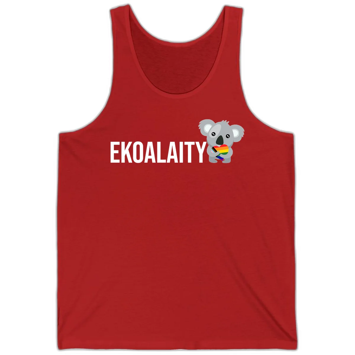 Gray koala holding a rainbow pride flag with 'EKOALITY' text, celebrating LGBTQ+ equality and inclusion in Red