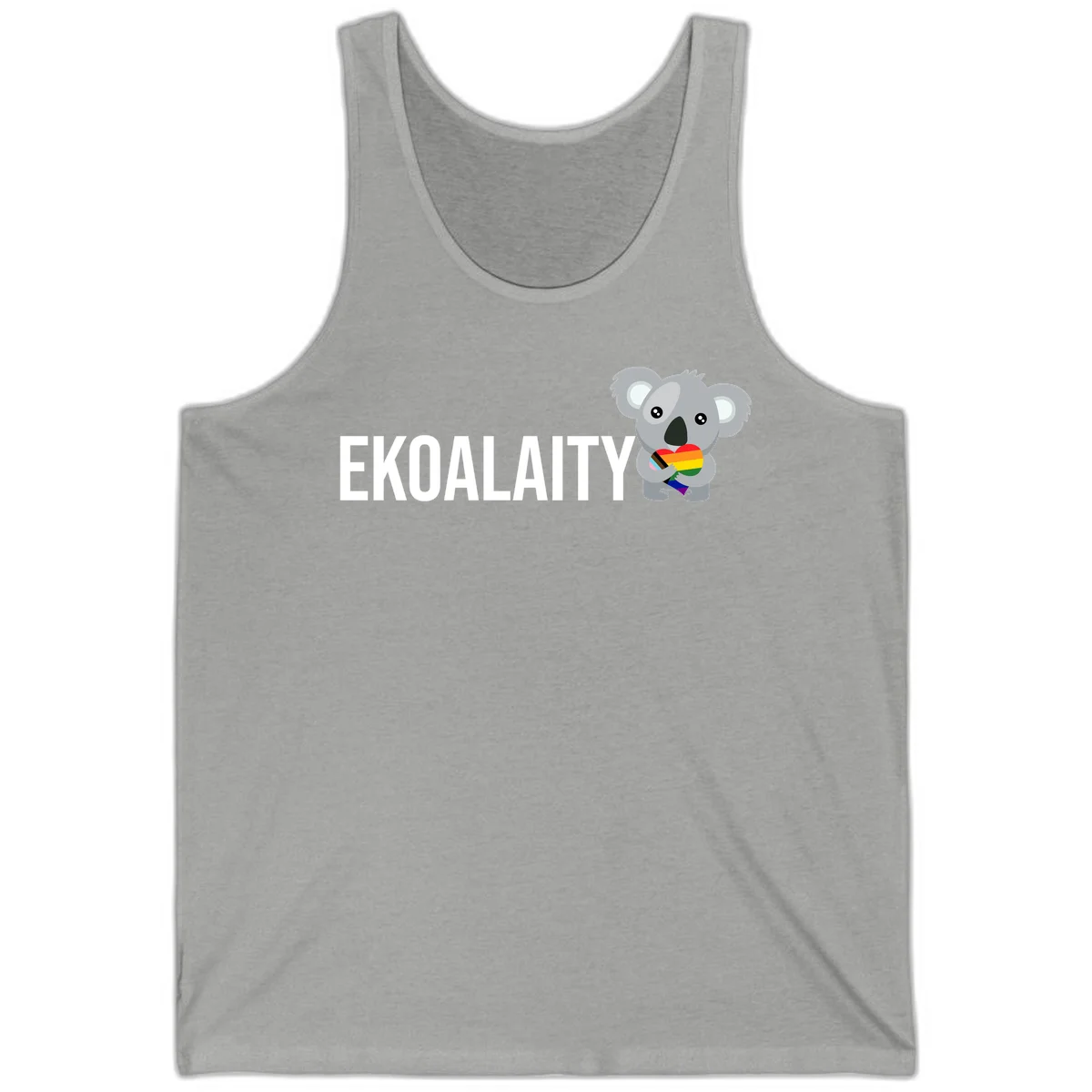 Gray koala holding a rainbow pride flag with 'EKOALITY' text, celebrating LGBTQ+ equality and inclusion in Athletic Heather