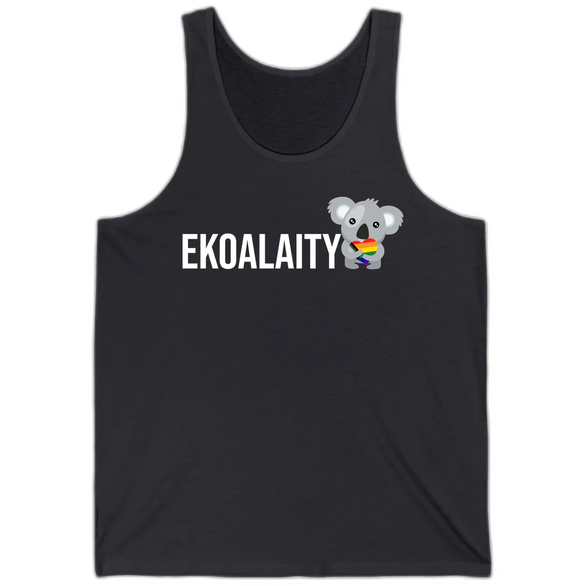 Gray koala holding a rainbow pride flag with 'EKOALITY' text, celebrating LGBTQ+ equality and inclusion in Dark Grey