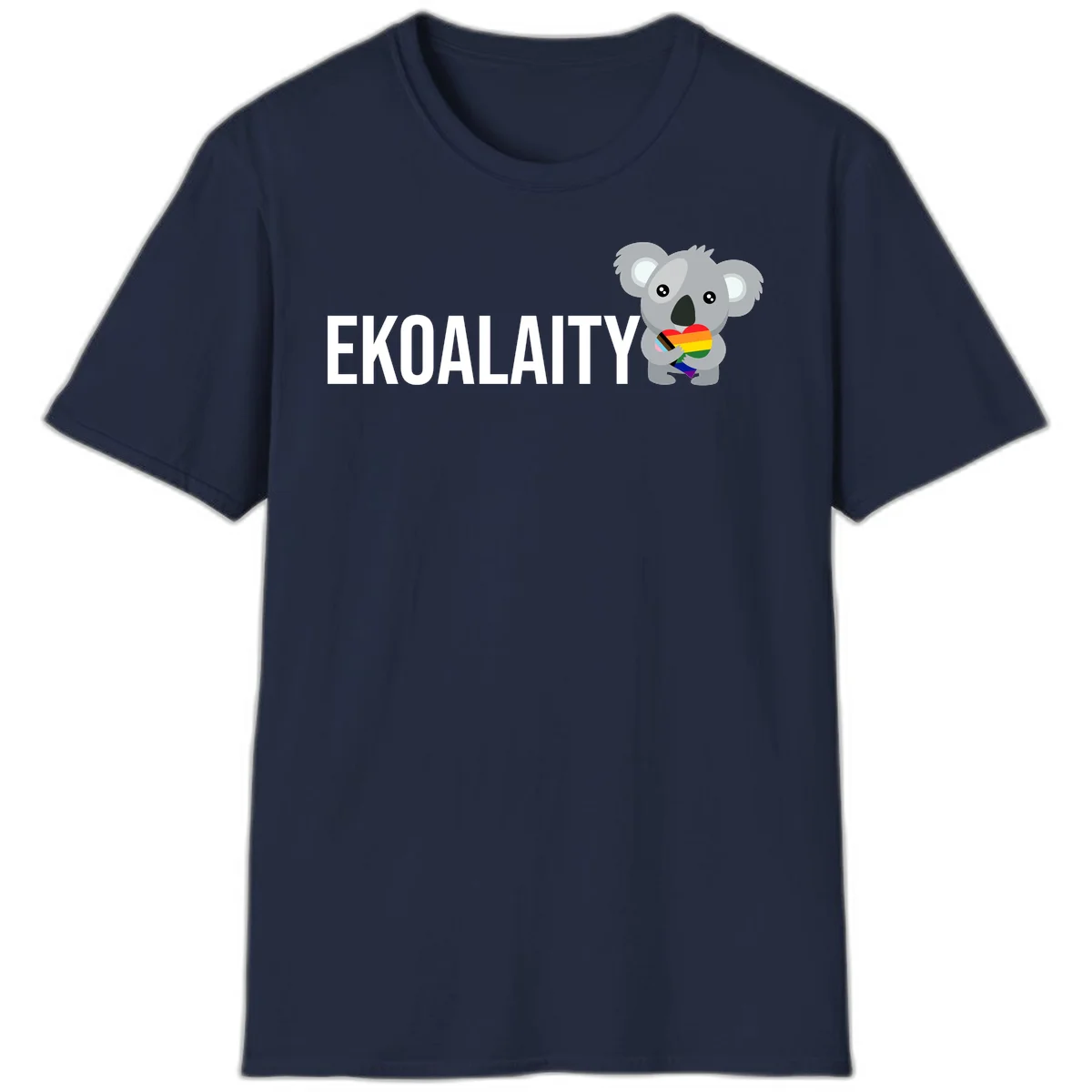 Gray koala holding a rainbow pride flag with 'EKOALITY' text, celebrating LGBTQ+ equality and inclusion in Navy
