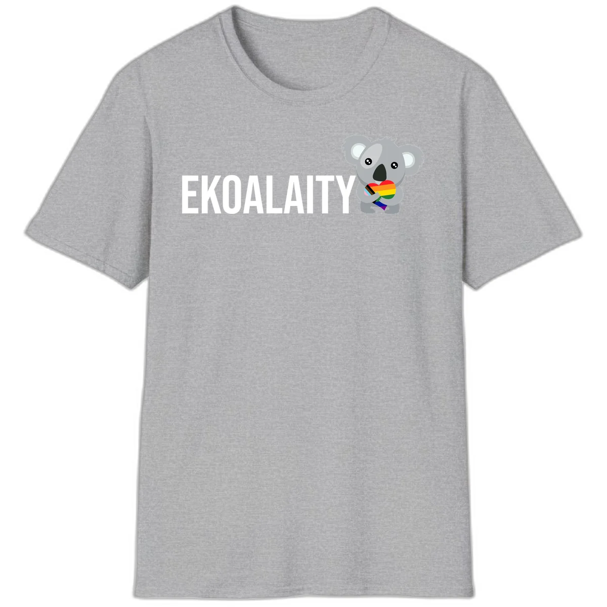 Gray koala holding a rainbow pride flag with 'EKOALITY' text, celebrating LGBTQ+ equality and inclusion in Sport Grey