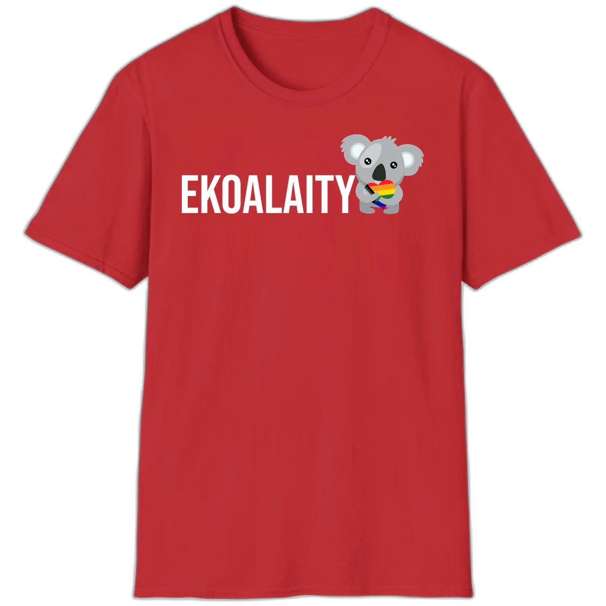 Gray koala holding a rainbow pride flag with 'EKOALITY' text, celebrating LGBTQ+ equality and inclusion in Red