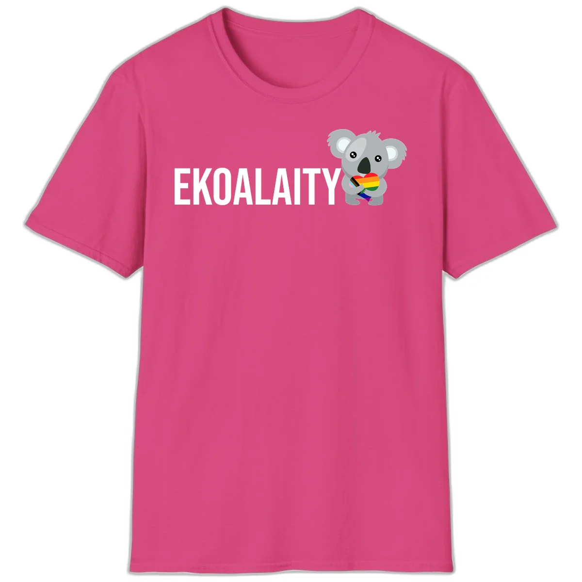 Gray koala holding a rainbow pride flag with 'EKOALITY' text, celebrating LGBTQ+ equality and inclusion in Heliconia