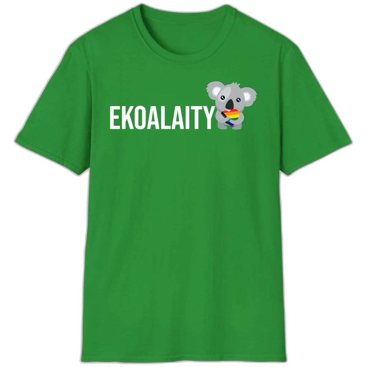 Gray koala holding a rainbow pride flag with 'EKOALITY' text, celebrating LGBTQ+ equality and inclusion in Irish Green