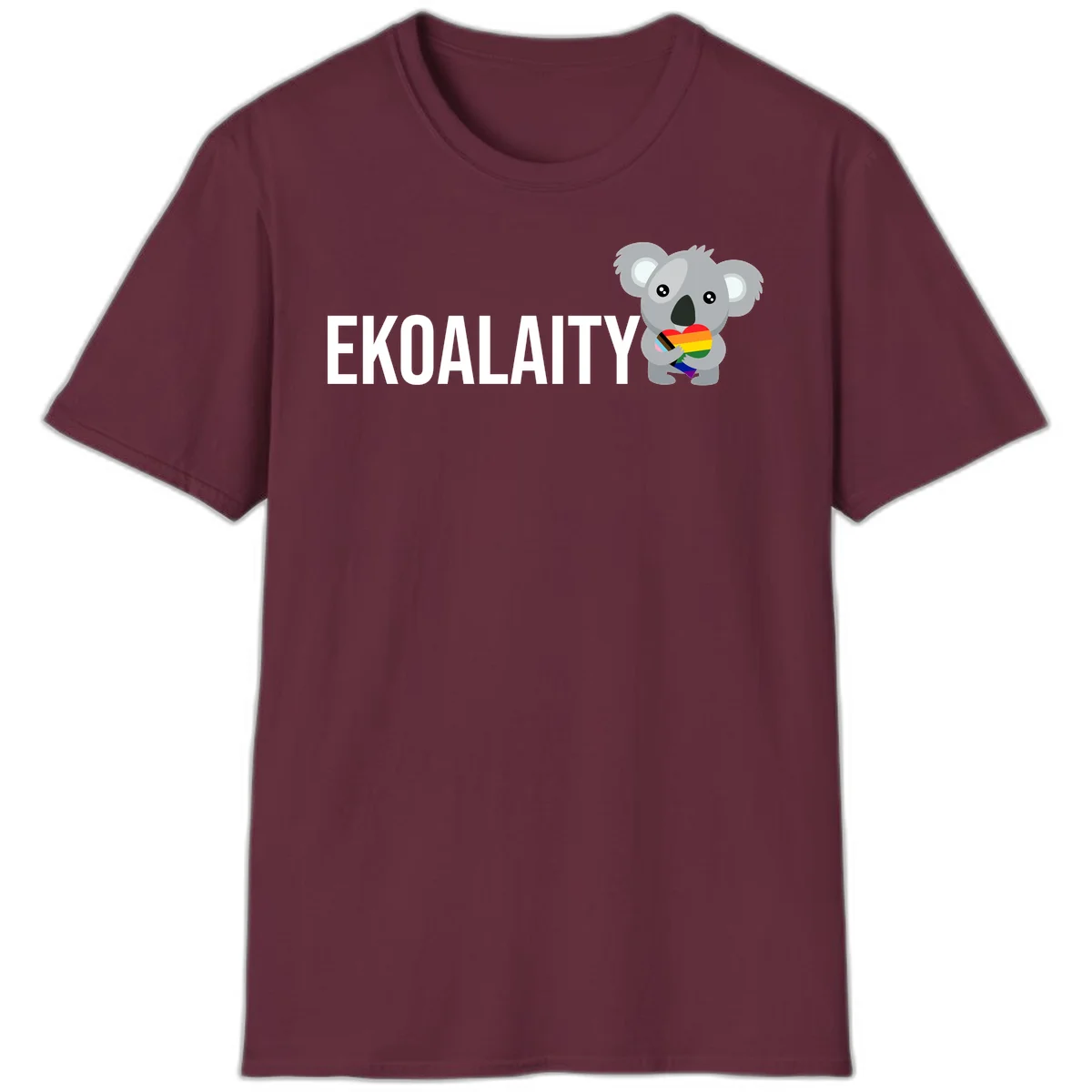 Gray koala holding a rainbow pride flag with 'EKOALITY' text, celebrating LGBTQ+ equality and inclusion in Maroon