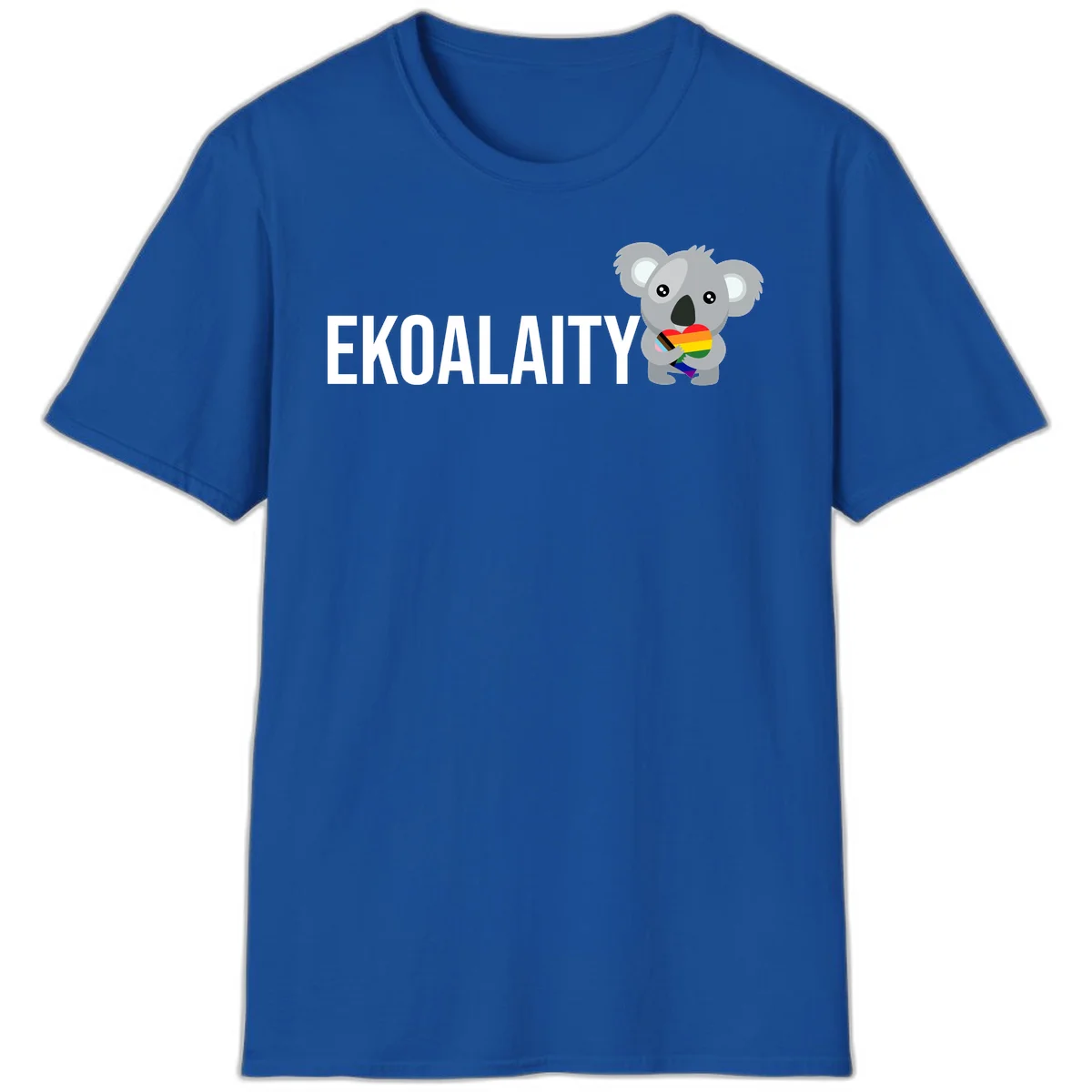 Gray koala holding a rainbow pride flag with 'EKOALITY' text, celebrating LGBTQ+ equality and inclusion in Royal