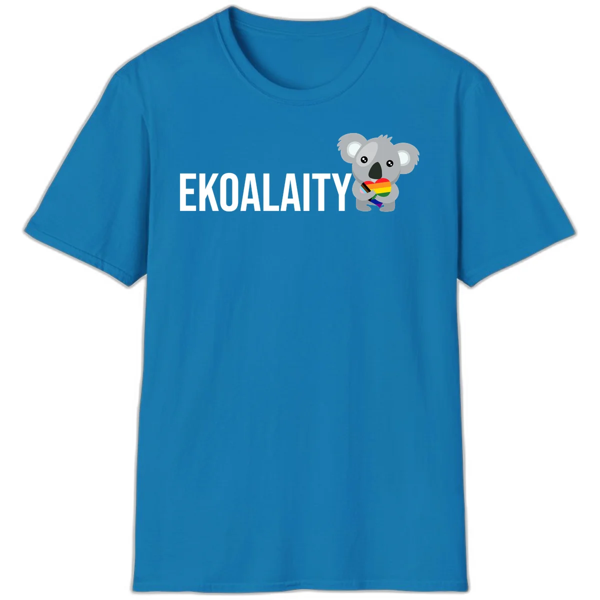 Gray koala holding a rainbow pride flag with 'EKOALITY' text, celebrating LGBTQ+ equality and inclusion in Sapphire