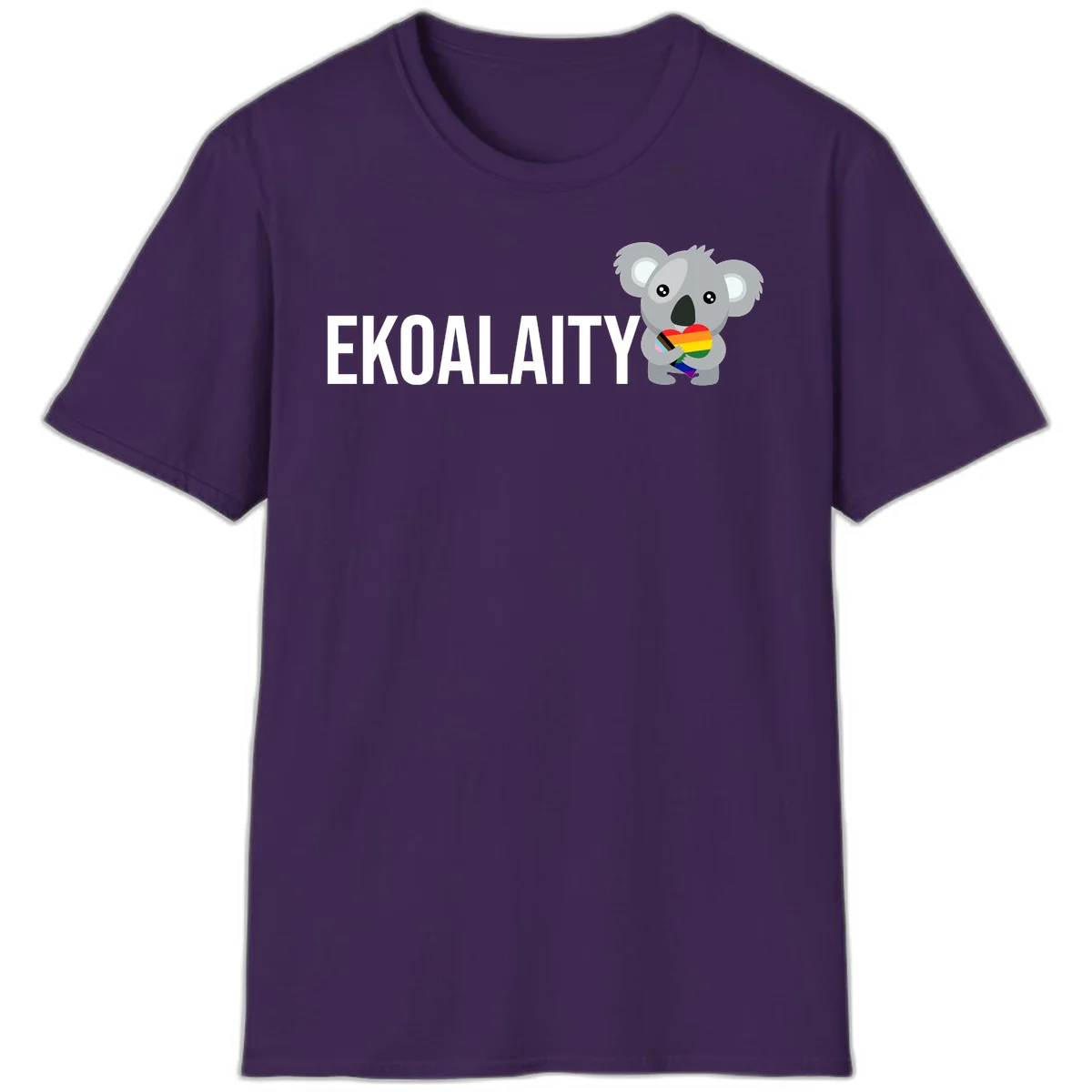 Gray koala holding a rainbow pride flag with 'EKOALITY' text, celebrating LGBTQ+ equality and inclusion in Purple