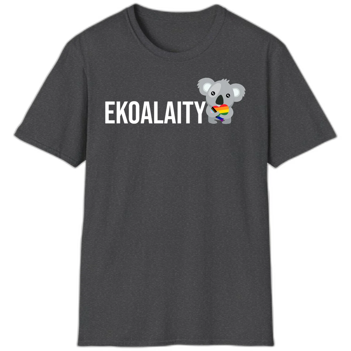 Gray koala holding a rainbow pride flag with 'EKOALITY' text, celebrating LGBTQ+ equality and inclusion in Dark Heather