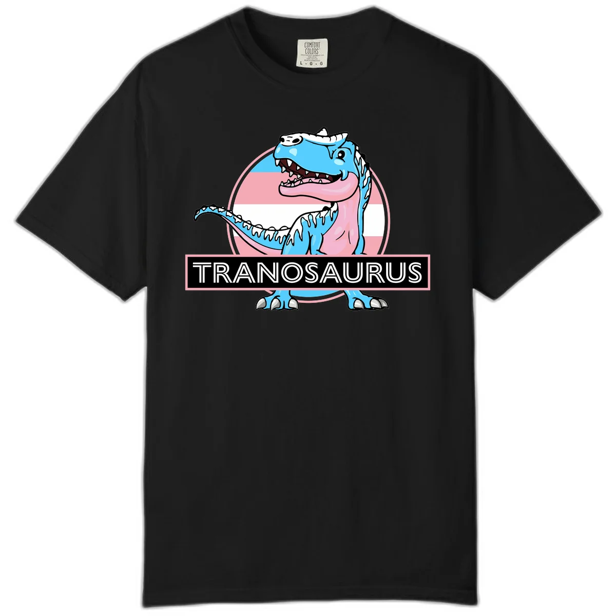 Blue cartoon T-Rex dinosaur with open mouth against pink and white pride flag circular background, labeled Tranosaurus in Black