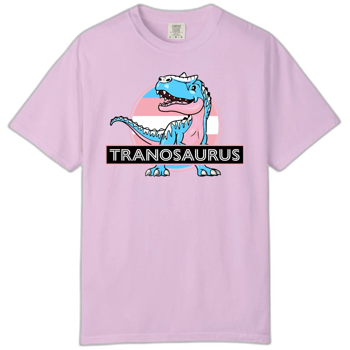 Blue cartoon T-Rex dinosaur with open mouth against pink and white pride flag circular background, labeled Tranosaurus in Orchid