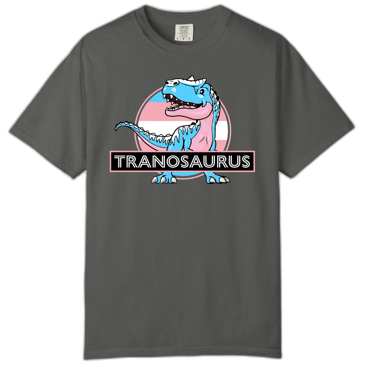 Blue cartoon T-Rex dinosaur with open mouth against pink and white pride flag circular background, labeled Tranosaurus in Pepper