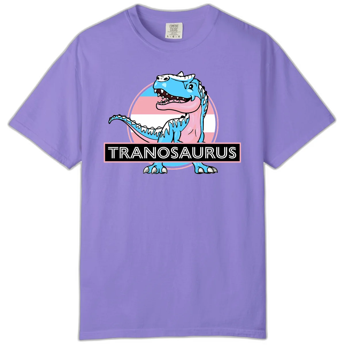 Blue cartoon T-Rex dinosaur with open mouth against pink and white pride flag circular background, labeled Tranosaurus in Violet