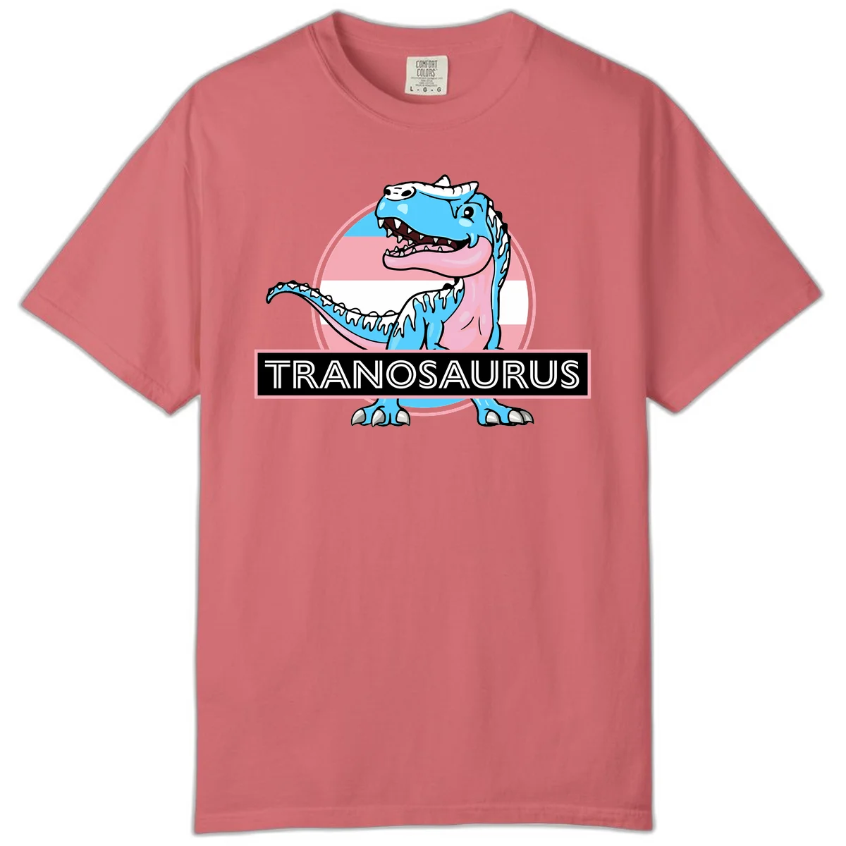 Blue cartoon T-Rex dinosaur with open mouth against pink and white pride flag circular background, labeled Tranosaurus in Watermelon