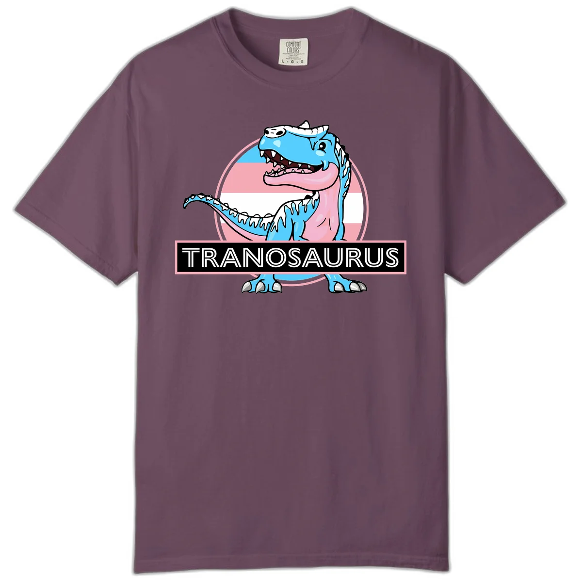 Blue cartoon T-Rex dinosaur with open mouth against pink and white pride flag circular background, labeled Tranosaurus in Berry