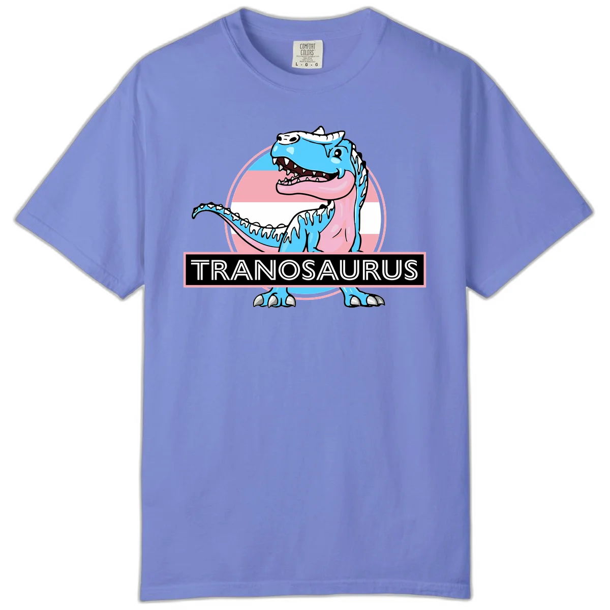 Blue cartoon T-Rex dinosaur with open mouth against pink and white pride flag circular background, labeled Tranosaurus in Flo Blue