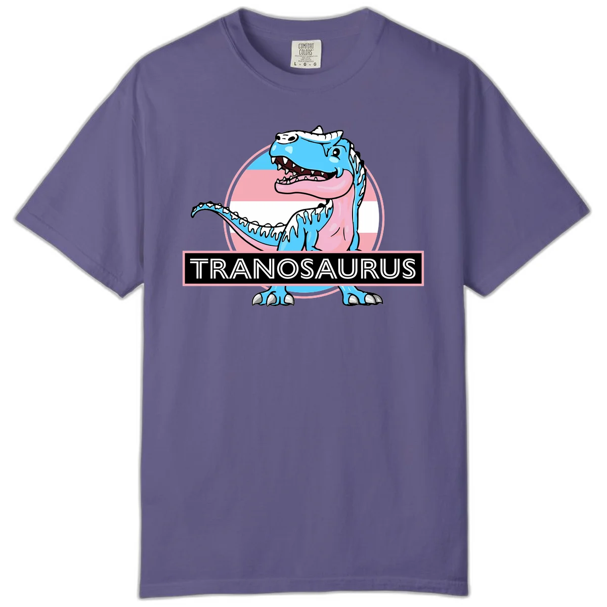 Blue cartoon T-Rex dinosaur with open mouth against pink and white pride flag circular background, labeled Tranosaurus in Grape