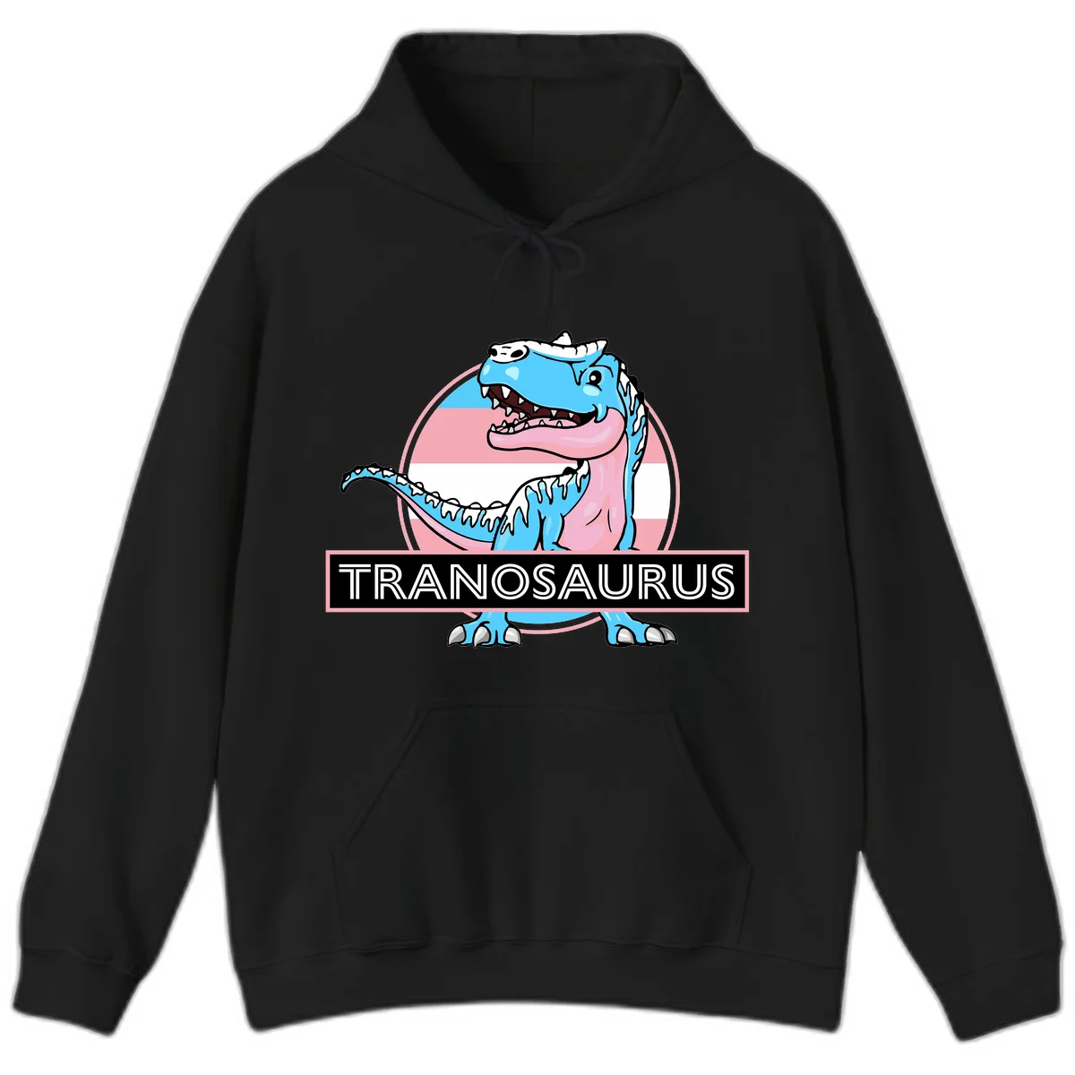 Blue cartoon T-Rex dinosaur with open mouth against pink and white pride flag circular background, labeled Tranosaurus in Black