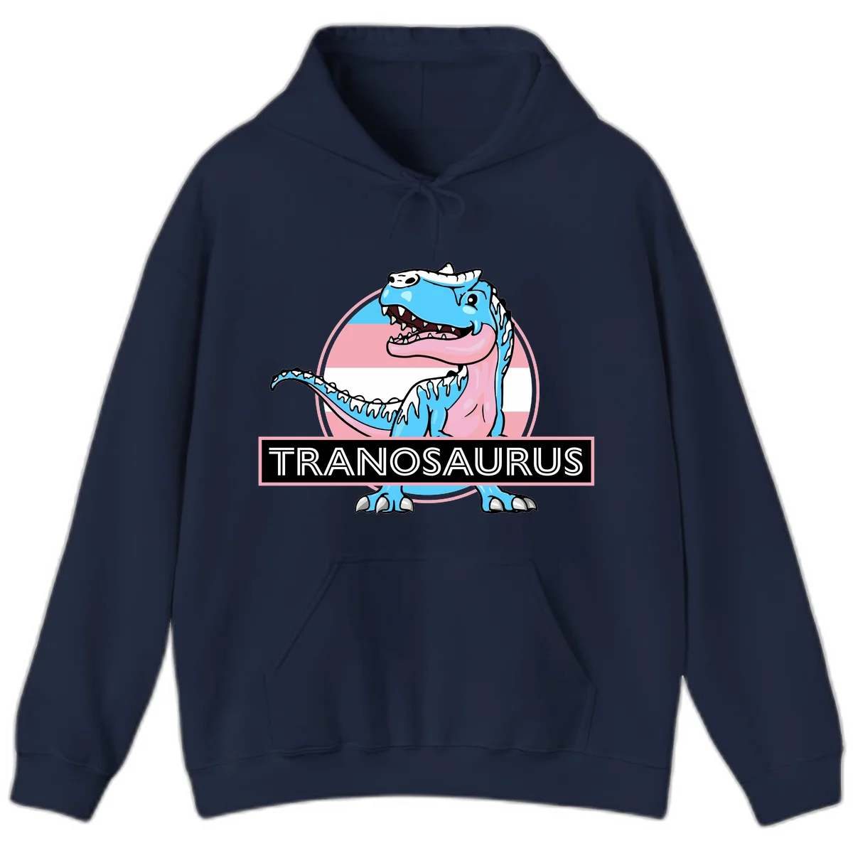 Blue cartoon T-Rex dinosaur with open mouth against pink and white pride flag circular background, labeled Tranosaurus in Navy