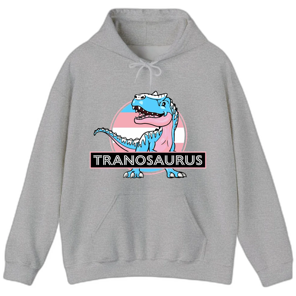 Blue cartoon T-Rex dinosaur with open mouth against pink and white pride flag circular background, labeled Tranosaurus in Sport Grey