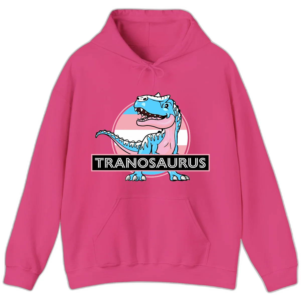 Blue cartoon T-Rex dinosaur with open mouth against pink and white pride flag circular background, labeled Tranosaurus in Heliconia