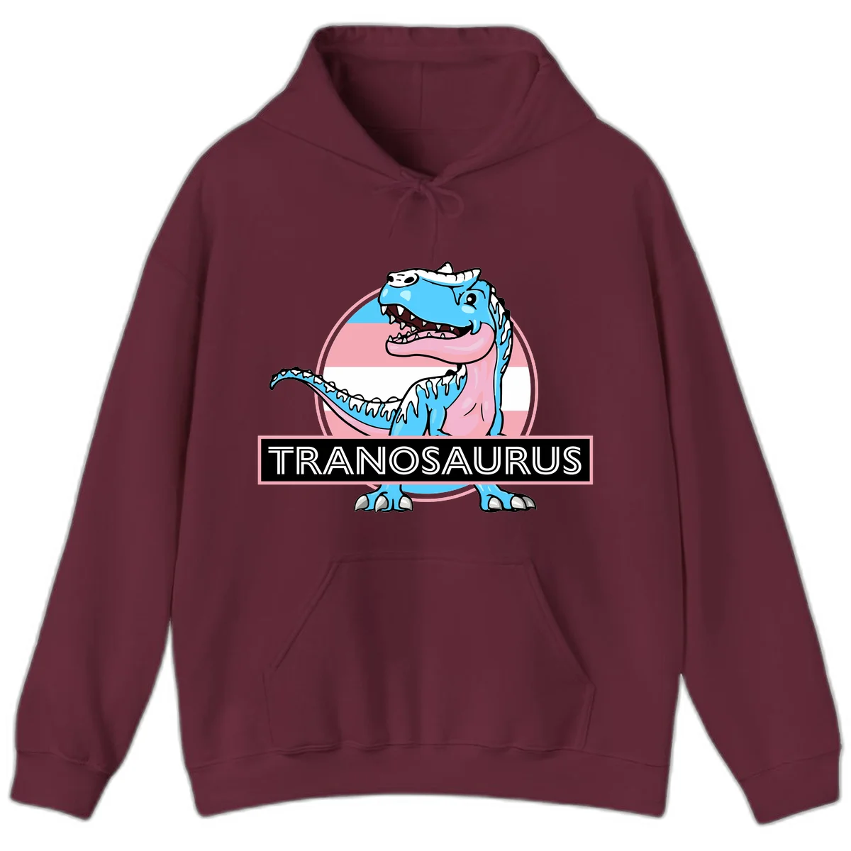 Blue cartoon T-Rex dinosaur with open mouth against pink and white pride flag circular background, labeled Tranosaurus in Maroon