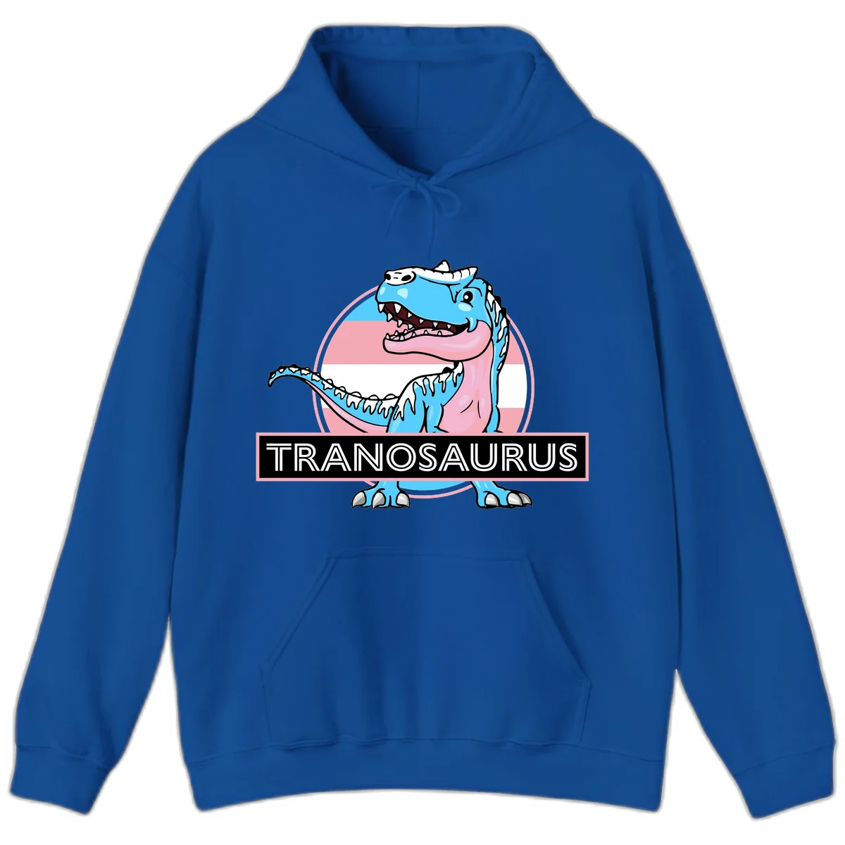 Blue cartoon T-Rex dinosaur with open mouth against pink and white pride flag circular background, labeled Tranosaurus in Royal