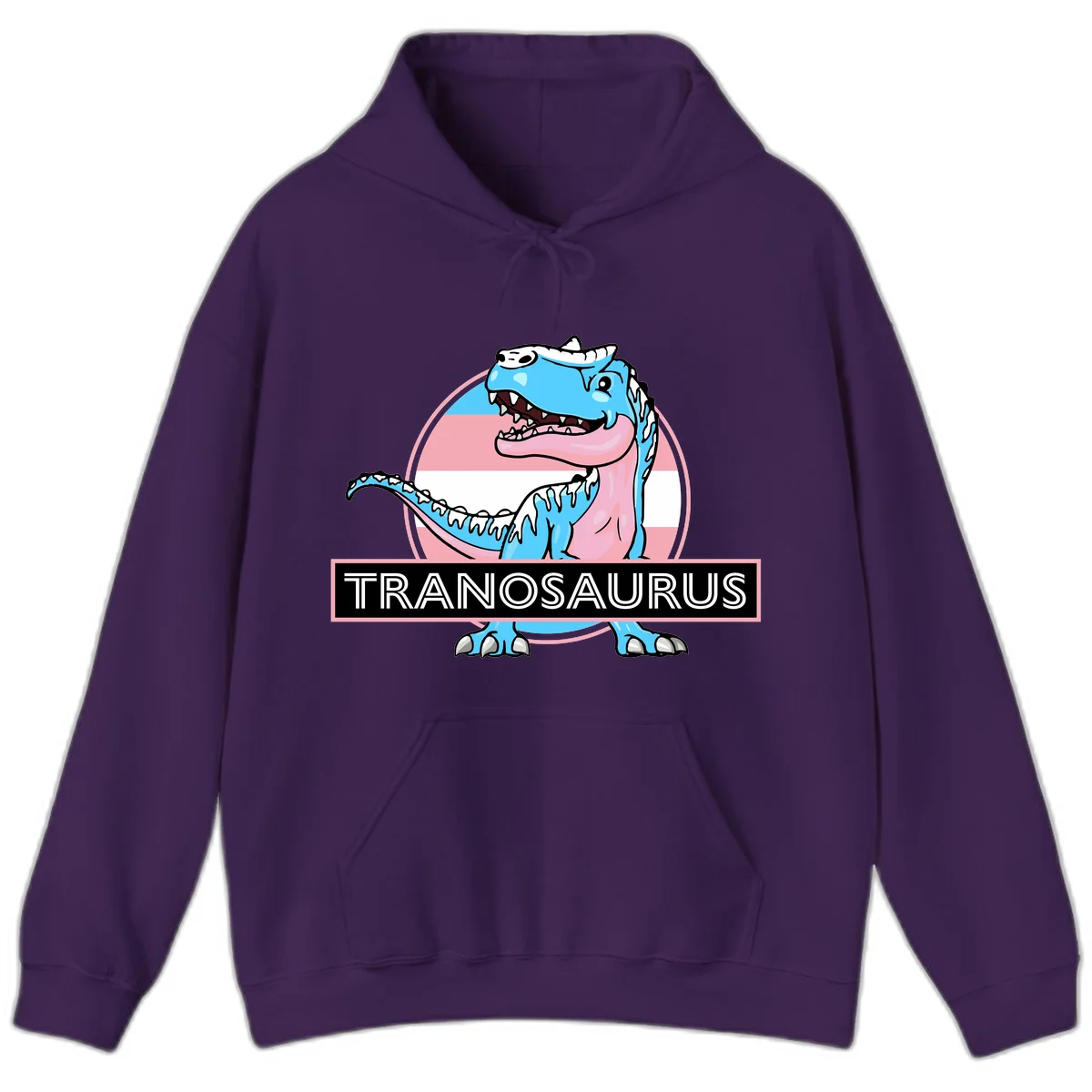 Blue cartoon T-Rex dinosaur with open mouth against pink and white pride flag circular background, labeled Tranosaurus in Purple