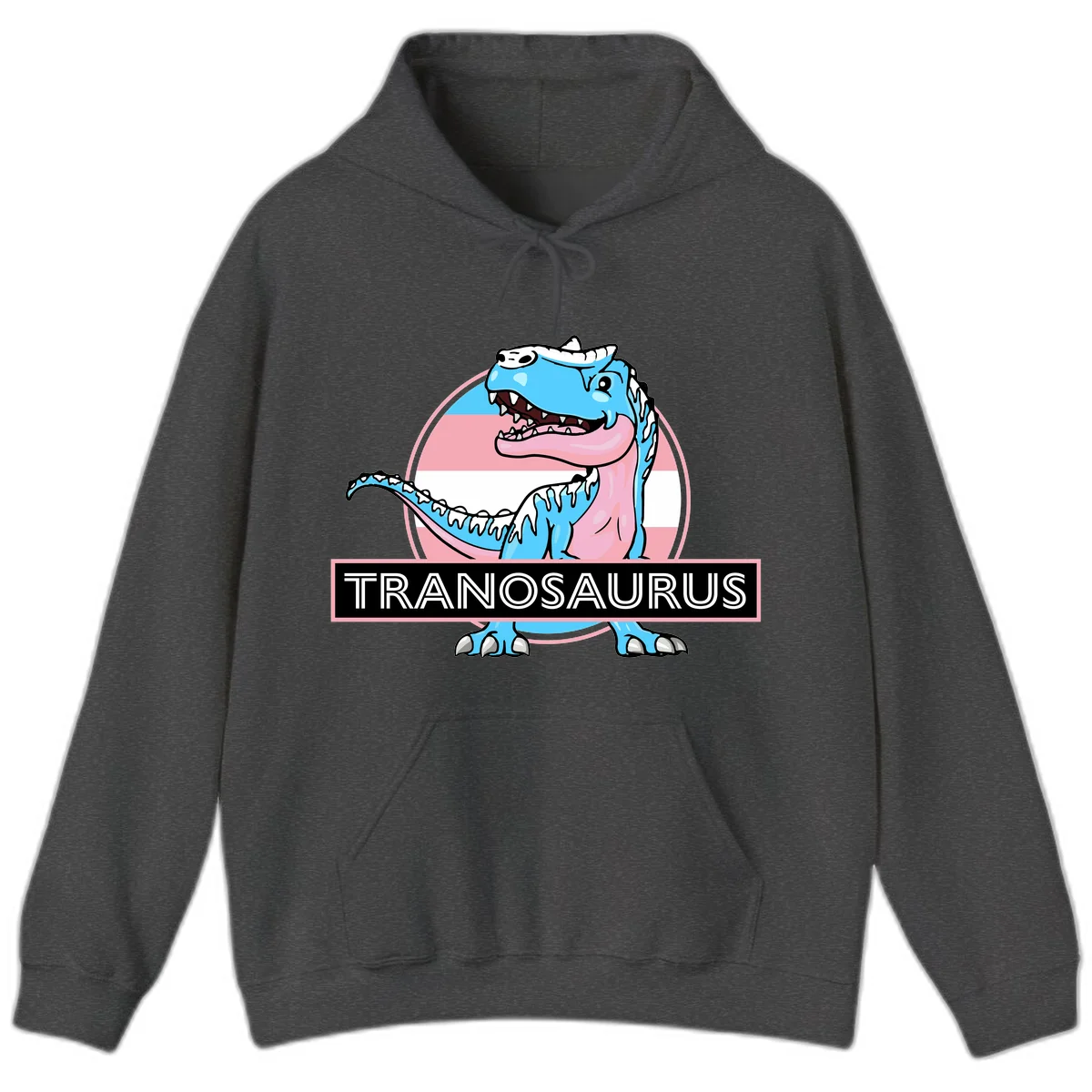 Blue cartoon T-Rex dinosaur with open mouth against pink and white pride flag circular background, labeled Tranosaurus in Dark Heather