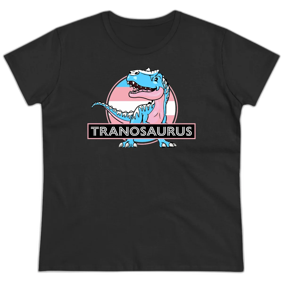 Blue cartoon T-Rex dinosaur with open mouth against pink and white pride flag circular background, labeled Tranosaurus in Black
