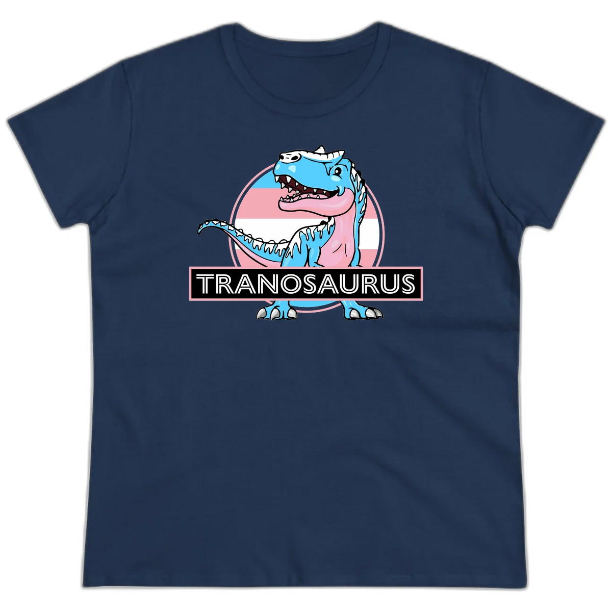 Blue cartoon T-Rex dinosaur with open mouth against pink and white pride flag circular background, labeled Tranosaurus in Navy