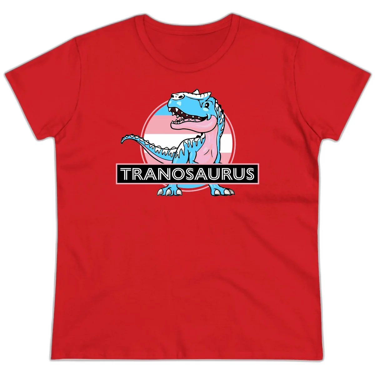 Blue cartoon T-Rex dinosaur with open mouth against pink and white pride flag circular background, labeled Tranosaurus in Red