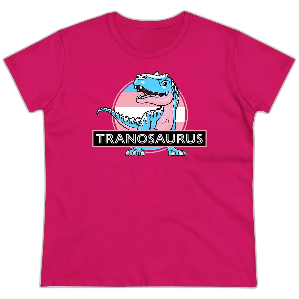 Blue cartoon T-Rex dinosaur with open mouth against pink and white pride flag circular background, labeled Tranosaurus in Heliconia