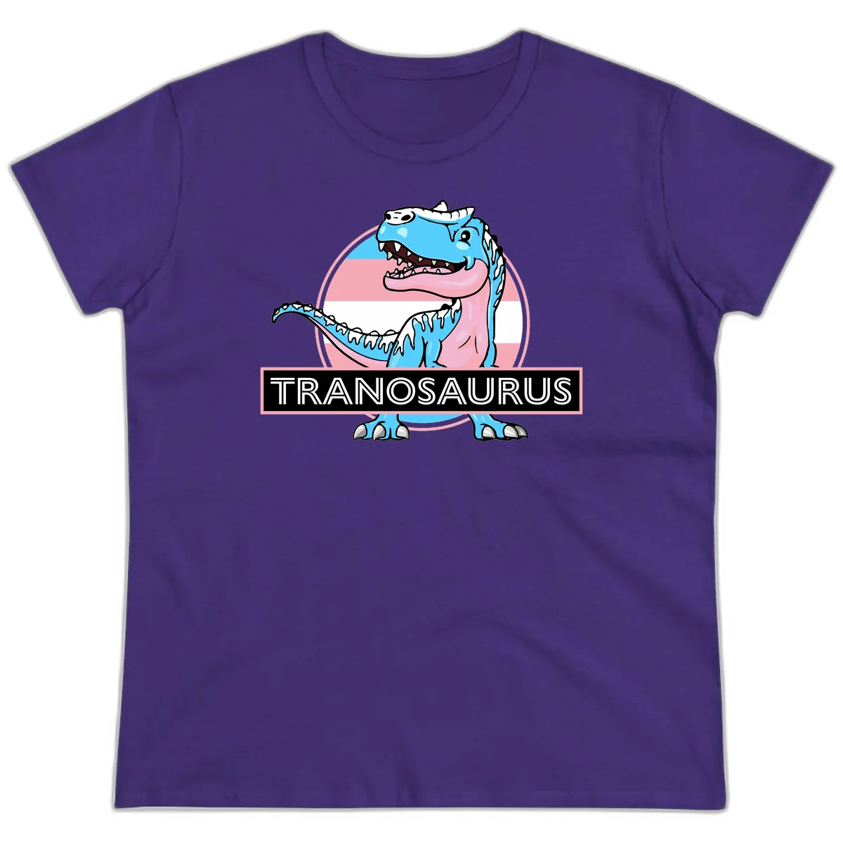 Blue cartoon T-Rex dinosaur with open mouth against pink and white pride flag circular background, labeled Tranosaurus in Purple